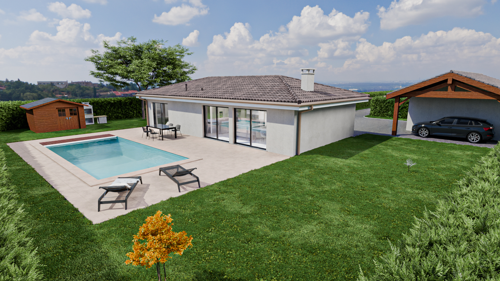 Modélisation 3d d’une maison avec piscine et terrasse